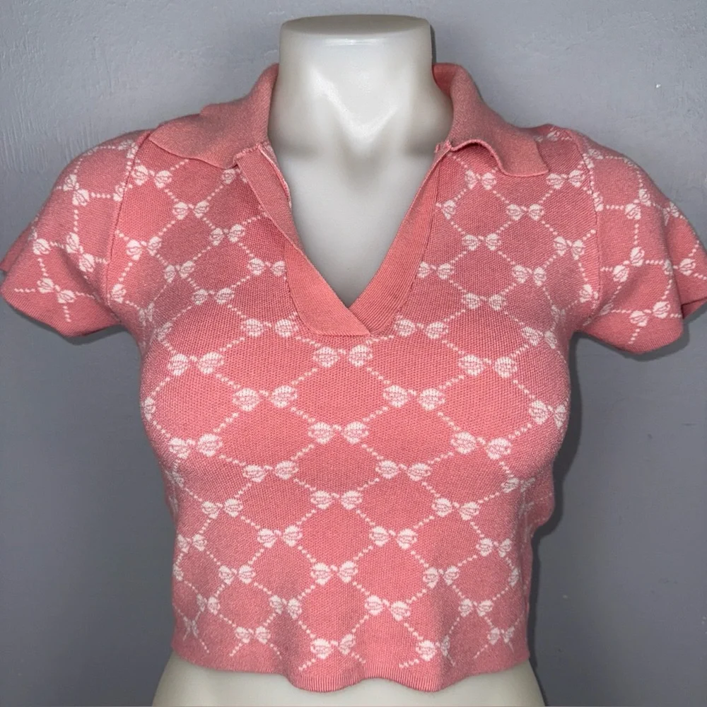 Luna Ivy Top Women’s S Pink And White Bows Cropped Polo Shirt knit‎